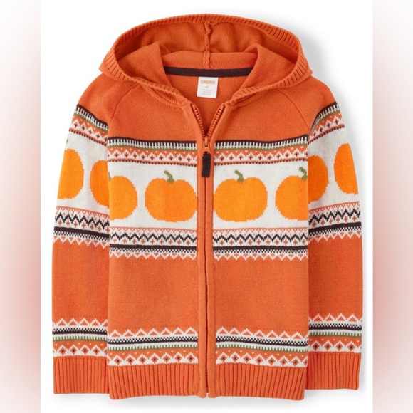 Gymboree Unisex Pumpkin Fairisle Zip Up Hoodie - pumpkin - Orange Freckle 5T - Picture 1 of 4